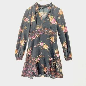 INTERMIX Black Floral Printed Long Sleeve Elastic V-Neck Ruffled Dress P2597